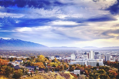 Salt Lake landscape showing city and mountains in the background.