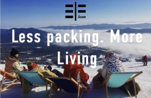 Less Packing. More Living. Text on image of people sitting on snowy mountain.